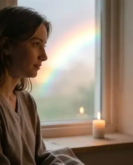 Person sitting peacefully by a window, illuminated by soft morning light, with a fleeting rainbow outside and a steady candle flame inside, symbolizing the silent difference between temporary happiness and enduring joy