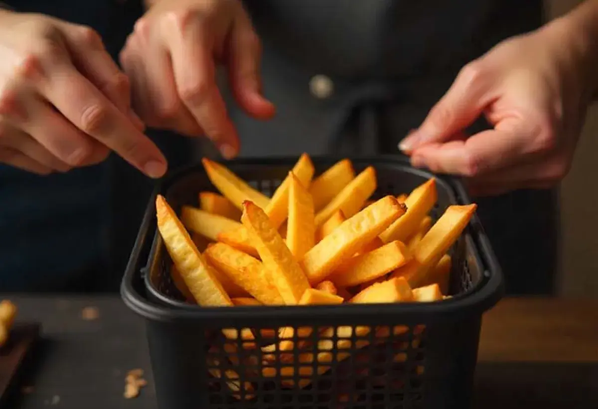Hands sharing air-fried fries after a kitchen fail