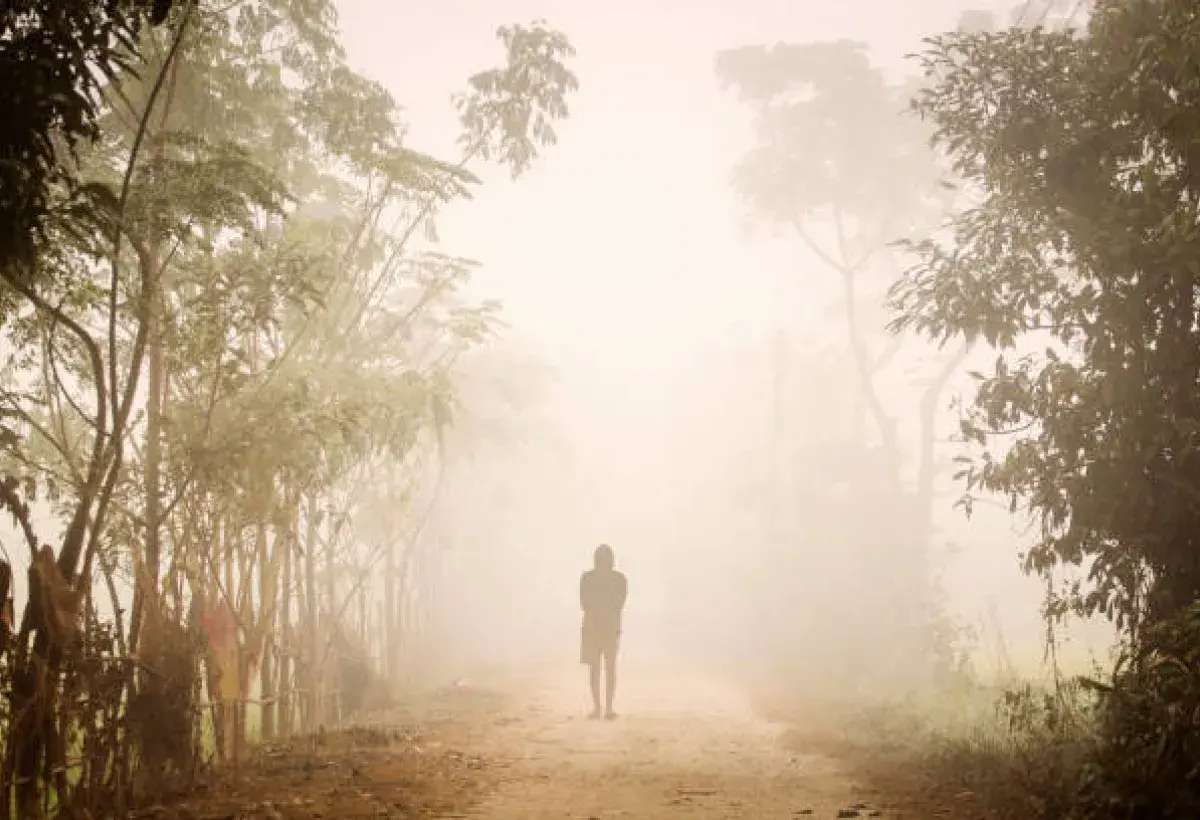 A person walking cautiously on a foggy path
