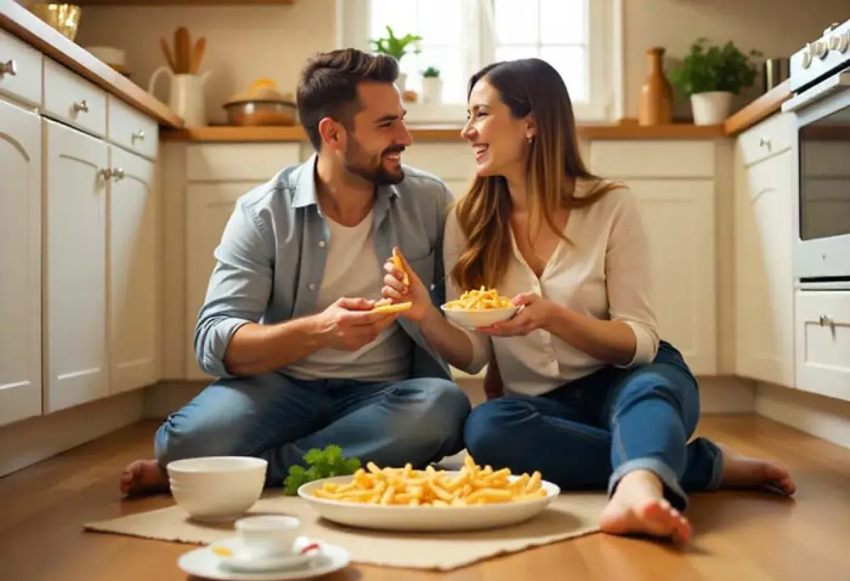 Couple sitting on the kitchen floor laughing after a cooking disaster