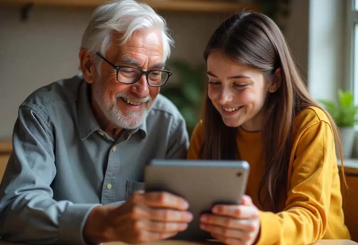 Elder guiding youth through hands-on digital learning activity