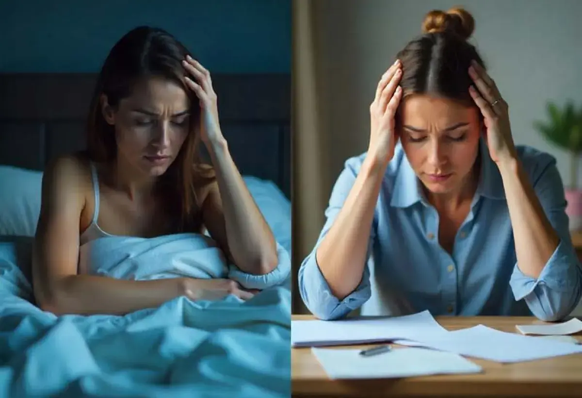Split image of a woman struggling with sleep versus a woman experiencing memory lapses during menopause.