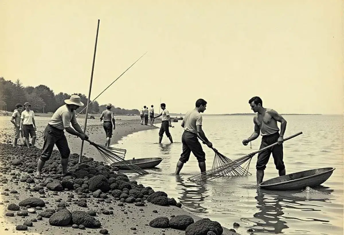 Early clam harvesters collecting little neck clams in New York