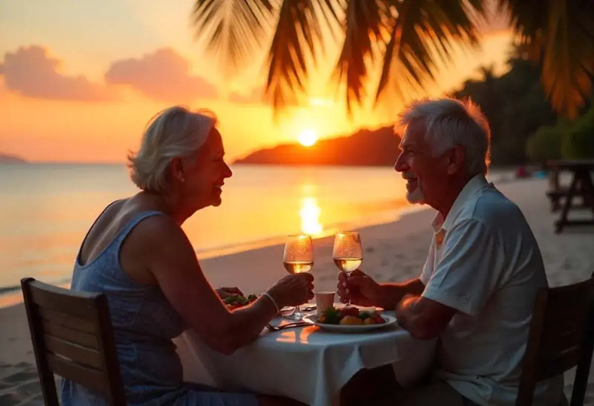 Retired couple enjoying sunset dinner by the sea in the Philippines.