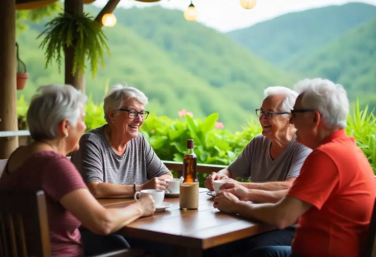 Retirees enjoying coffee and conversation in Boquete, symbolizing community and peaceful living.