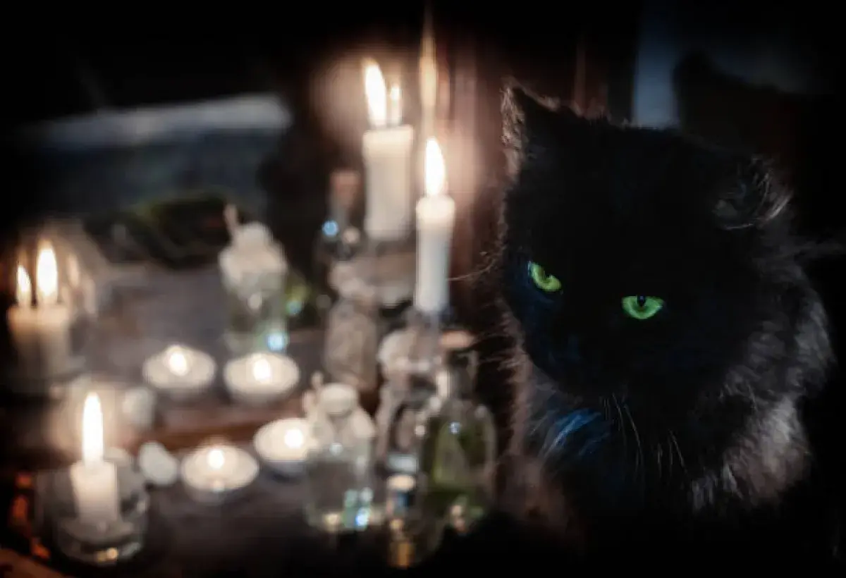  A black cat representing magical familiars in folklore
