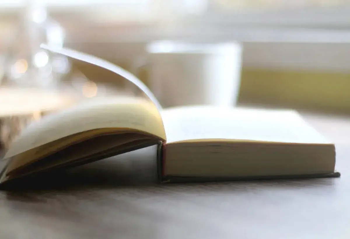 Open book and tea cup in morning light, symbolizing reflection and learning