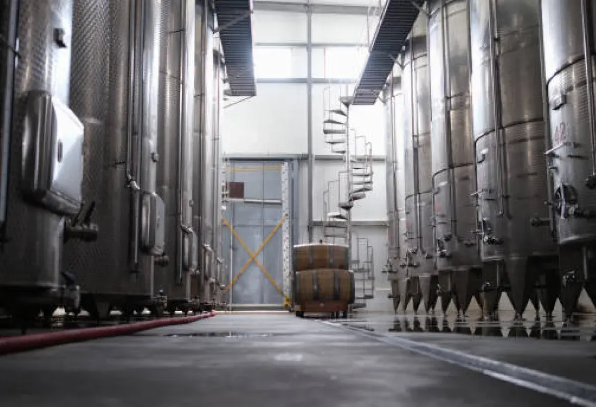 industrial wine storage tanks in European facility