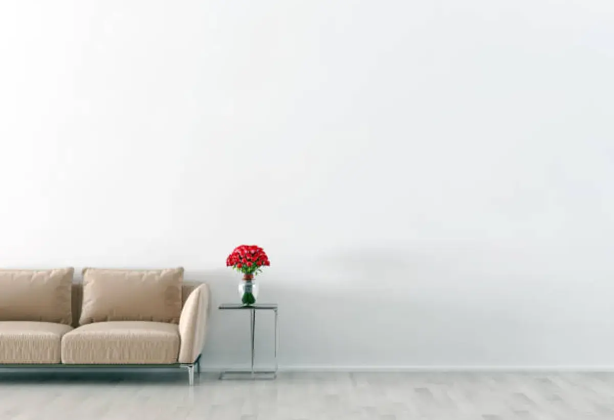 A serene, minimalist living room with plenty of open space and a single vase of flowers.