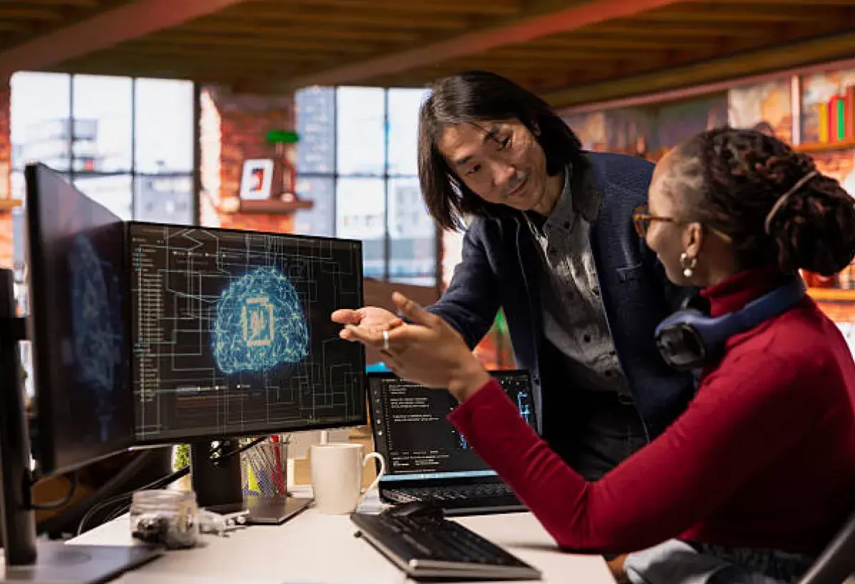 Team of American workers collaborating with AI support