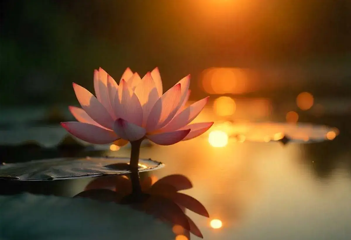 Lotus flower in calm water under golden sunset light.