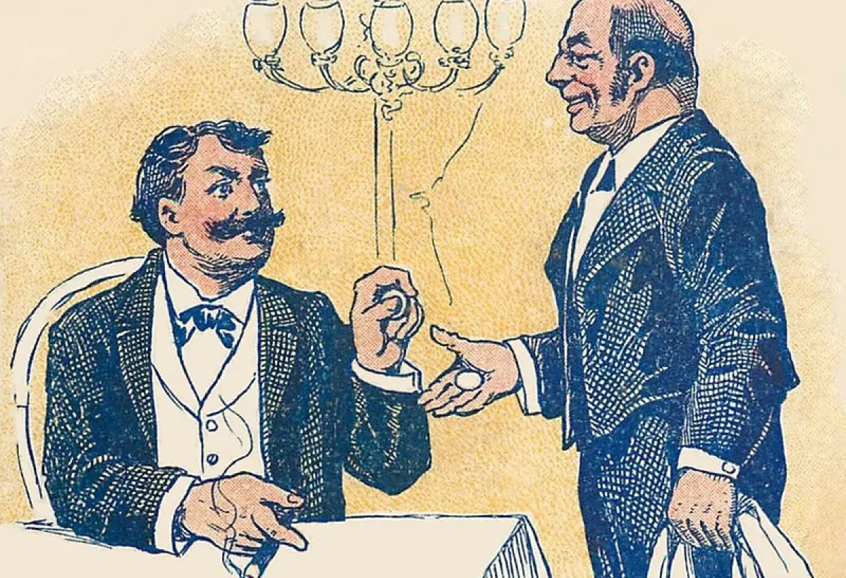 Historical depiction of tipping in a 19th-century American restaurant
