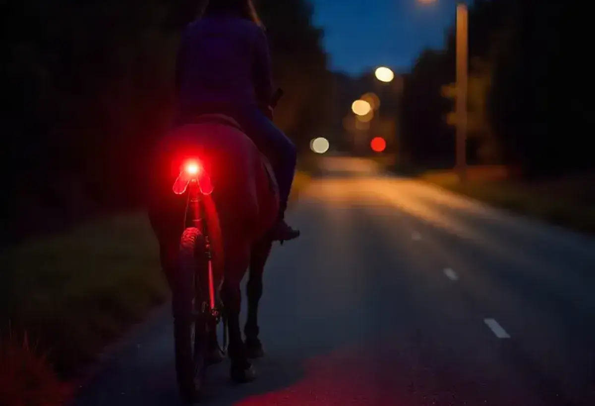 Horse wearing a rear bicycle light on a dark road