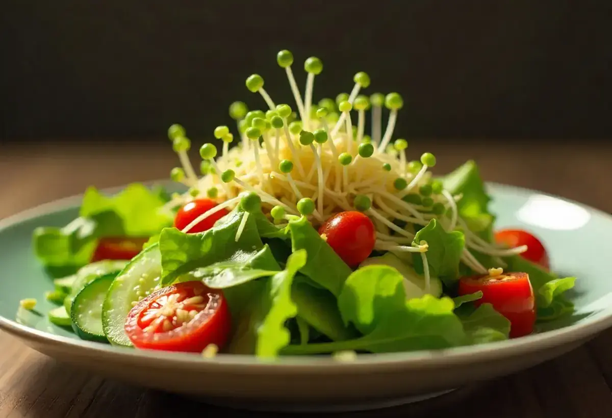 Bean sprouts mixed into a colorful vegetable salad