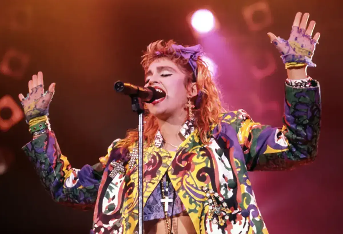 Madonna on stage in 1980s iconic look