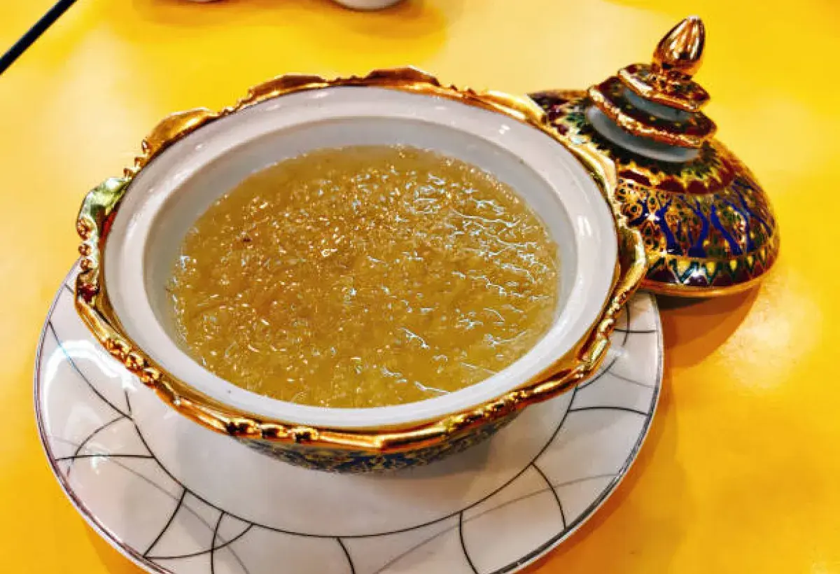 Traditional Chinese bird’s nest dessert served in a porcelain bowl