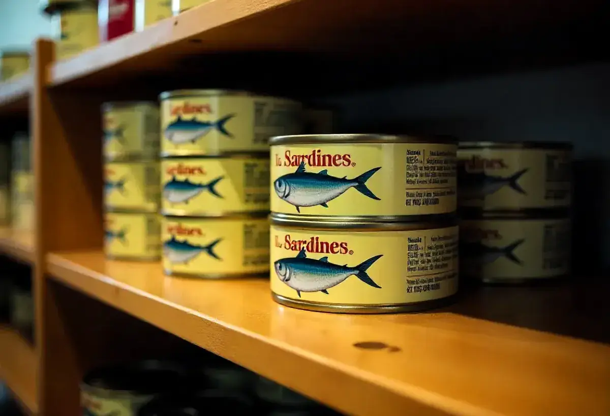 Canned sardines stored neatly on a pantry shelf