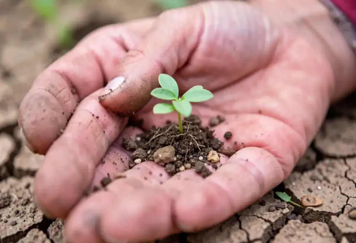 A hand gently holding a small plant growing from cracked soil
