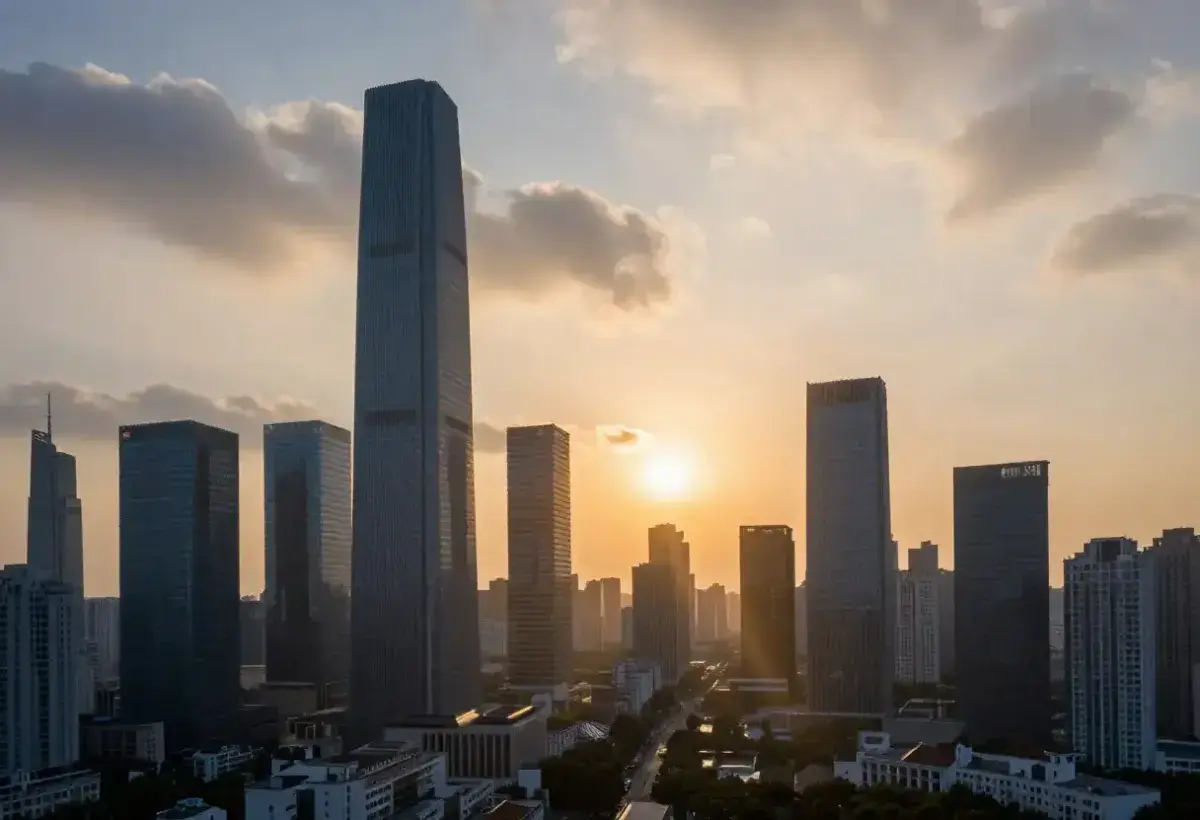 A sunrise breaking through clouds over a cityscape