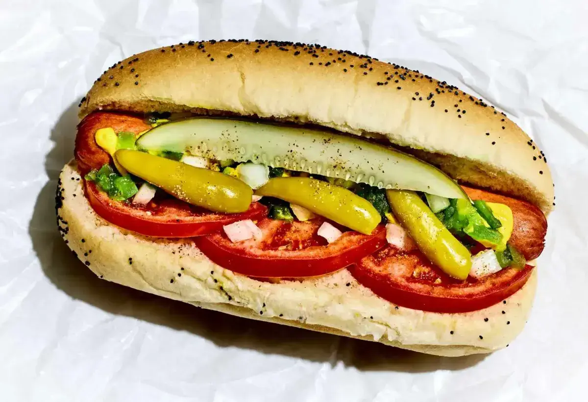 Authentic Chicago style hot dog with full toppings