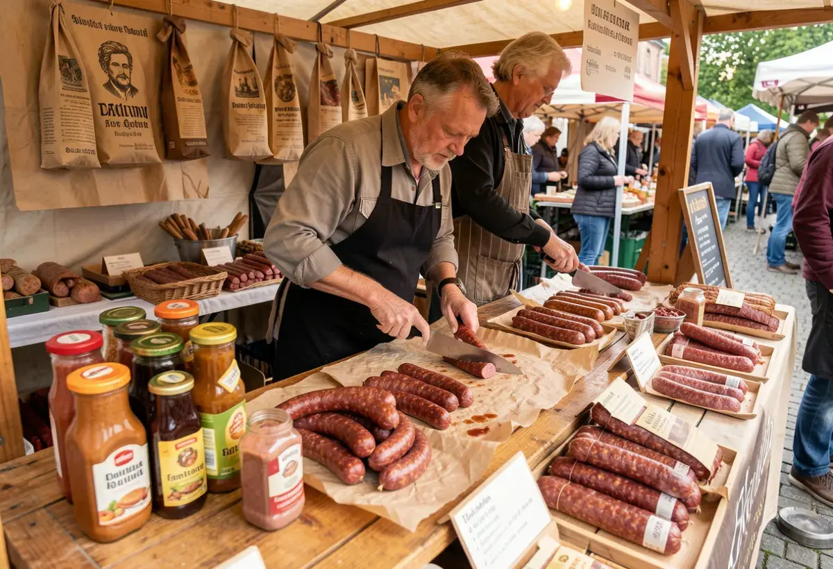 Authentic German sausages at an outdoor market stall