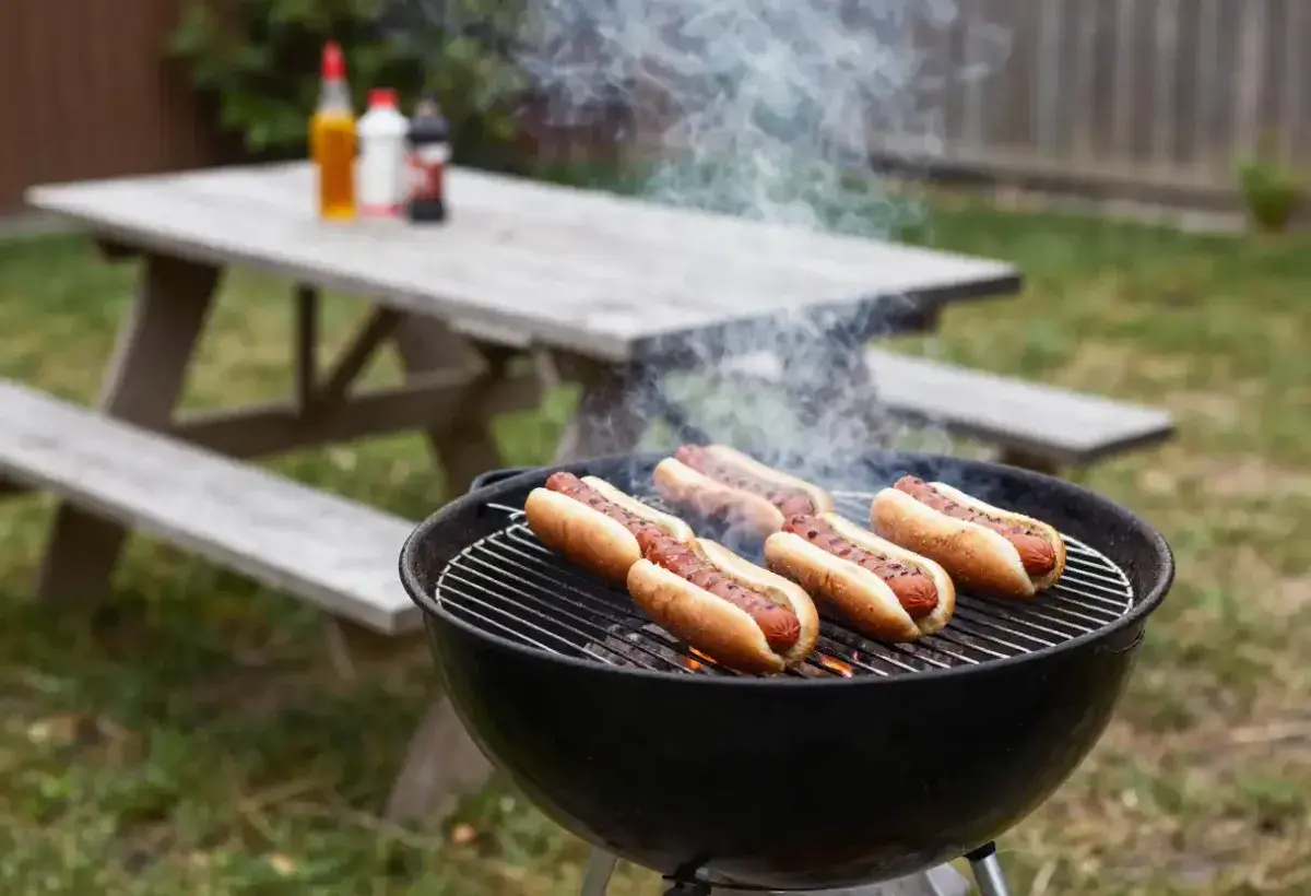 Summer barbecue grill loaded with hot dogs and buns