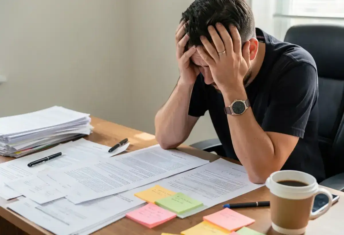 Desk covered with paperwork while person holds head in hands looking overwhelmed