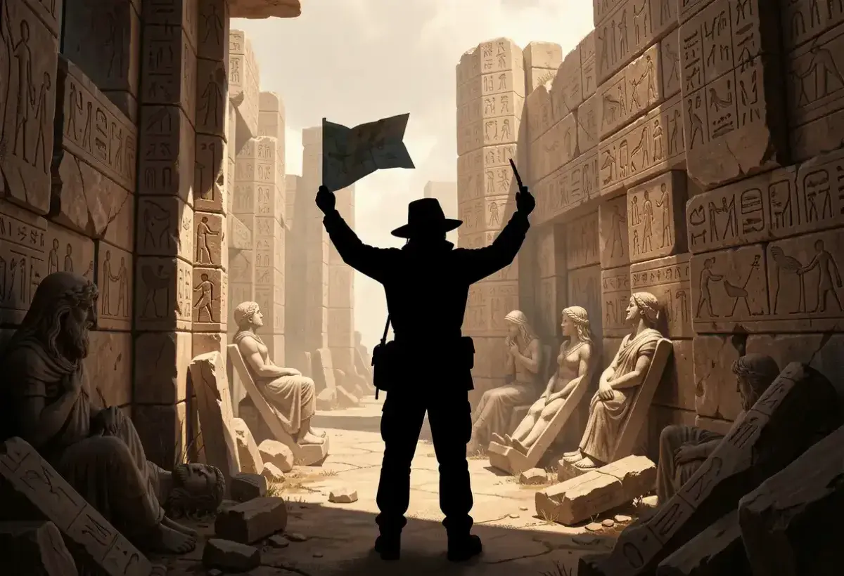 Explorer contemplating legendary lost treasures