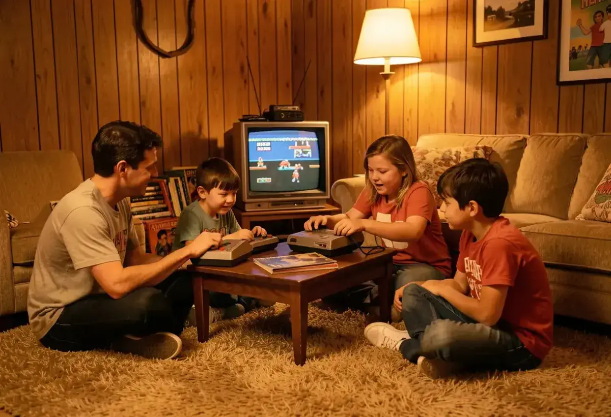 Family playing Atari in a 1970s living room