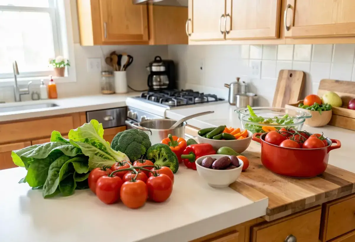 Fresh vegetables prepared on a kitchen counter ready for cooking