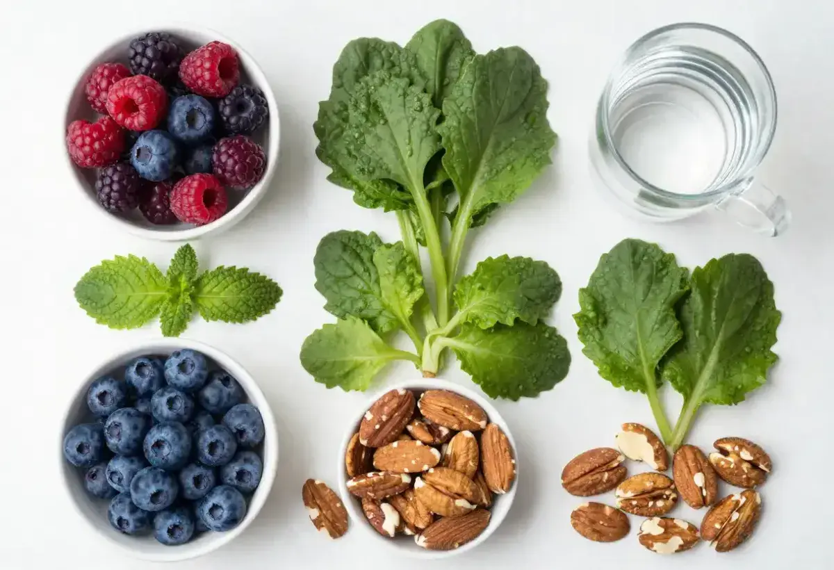 Healthy foods and water supporting skin health and natural aging
