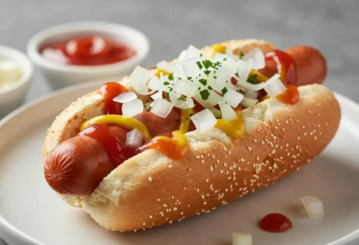 Properly dressed hot dog served according to etiquette guidelines