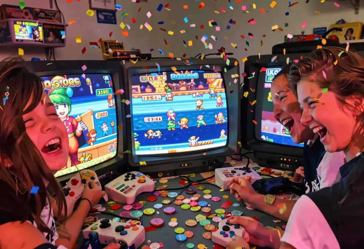 Kids enjoying classic arcade video games with colorful screens