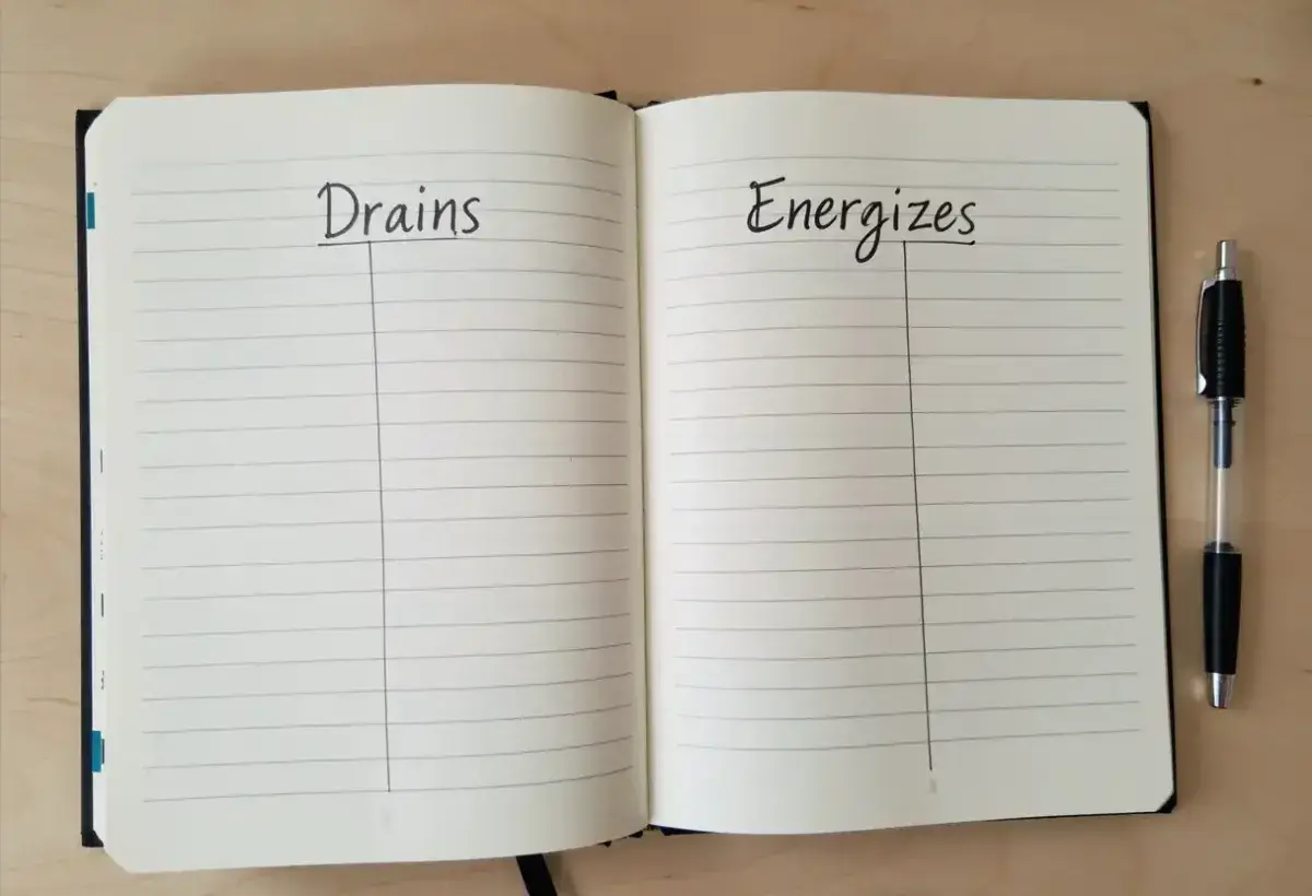 Notebook showing energy audit list separating draining and energizing activities
