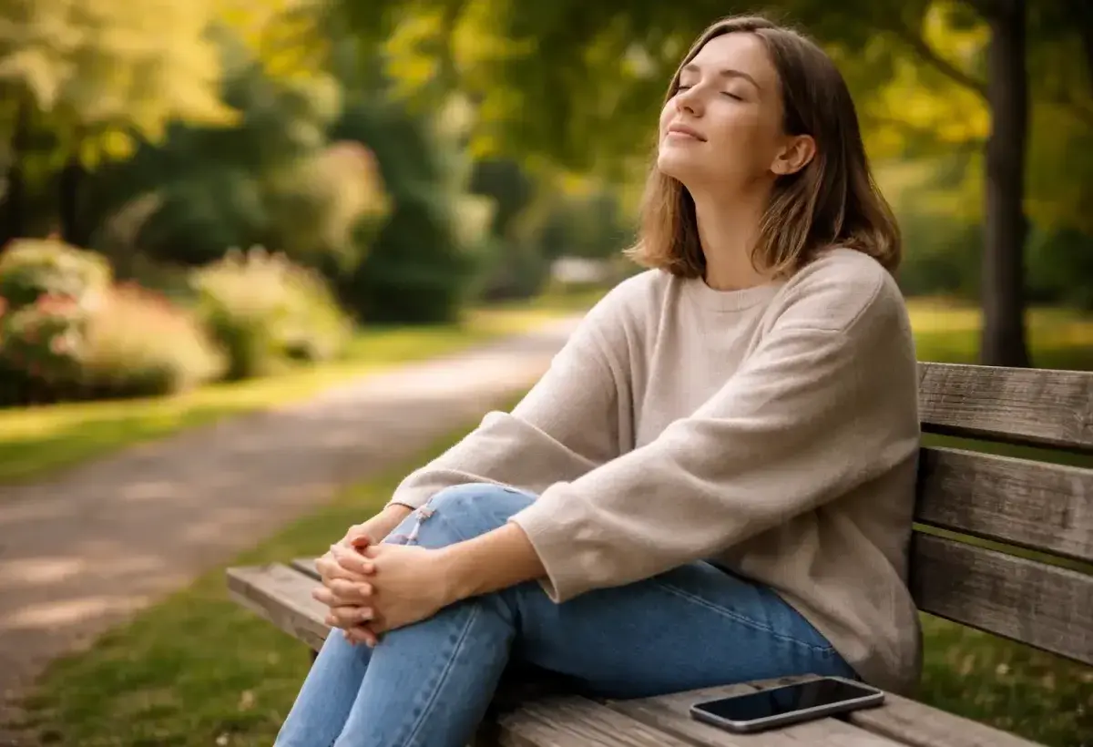 Individual relaxing outside with smartphone placed face down nearby