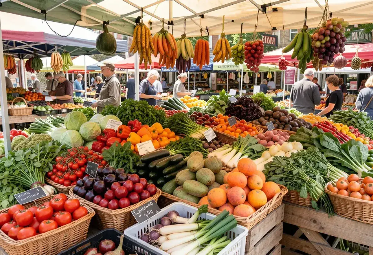Seasonal vegetables displayed at a local farmers market stall