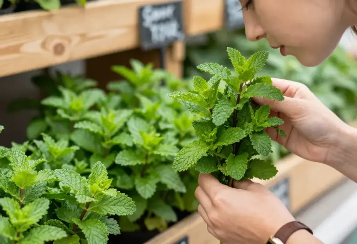Smelling fresh herbs to check quality