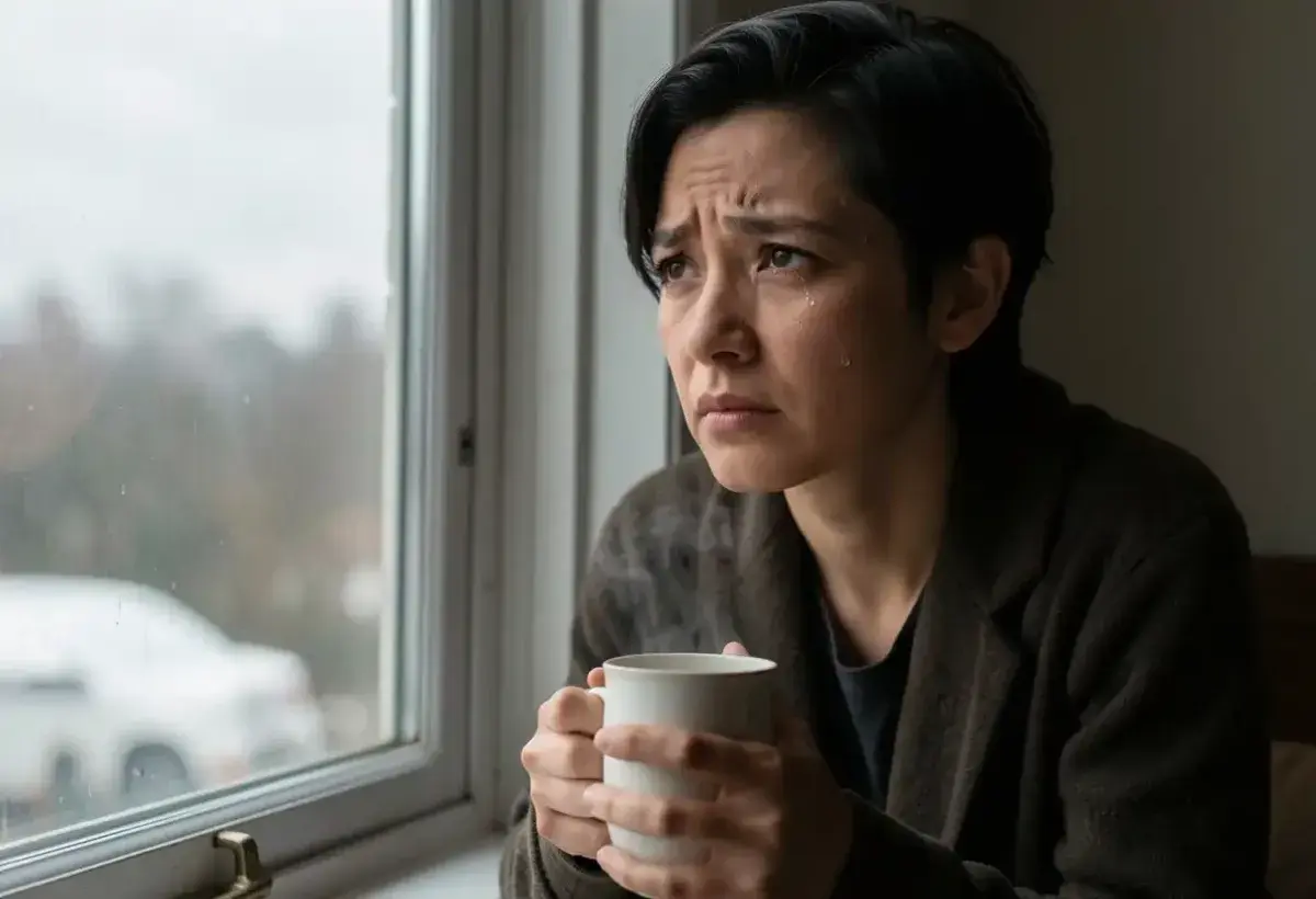 Thoughtful person sitting by window looking reflective and emotionally heavy