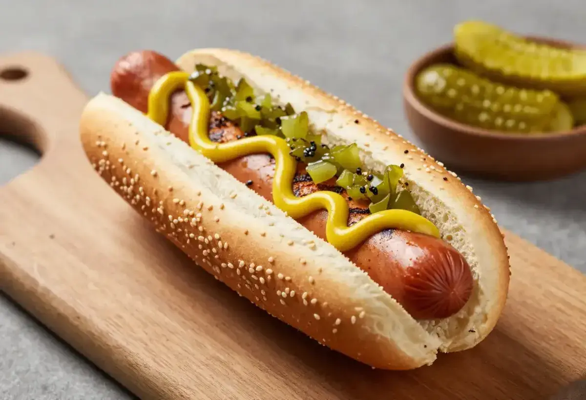  Traditional hot dog topped with bright yellow mustard
