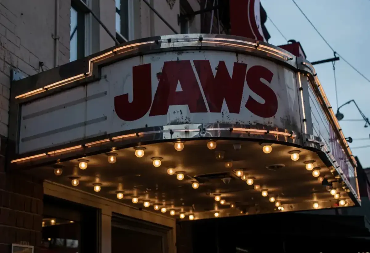  Movie theater marquee advertising Jaws during its original 1975 release
