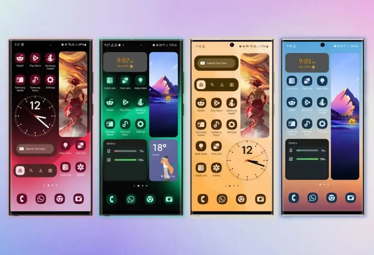 Android phone displaying a highly customized home screen with productivity widgets