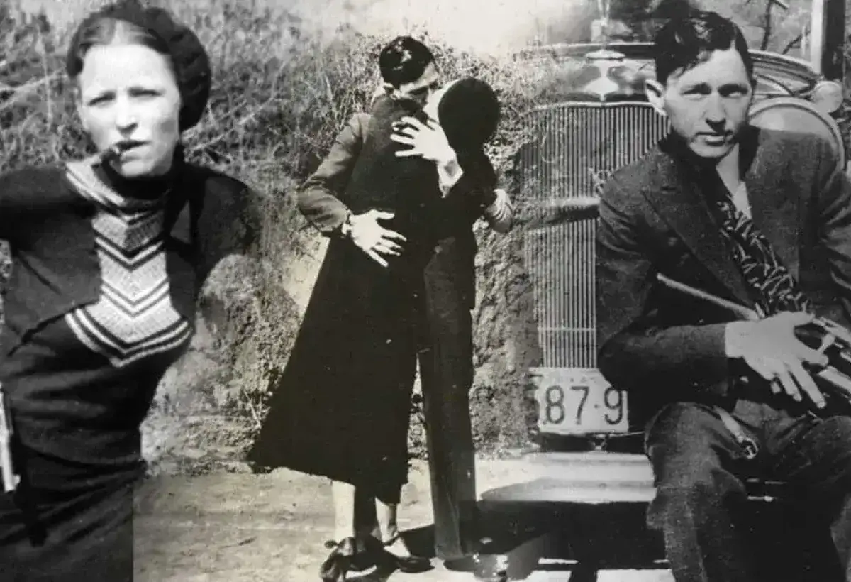 Bonnie Parker and Clyde Barrow posing with weapons during the 1930s crime spree