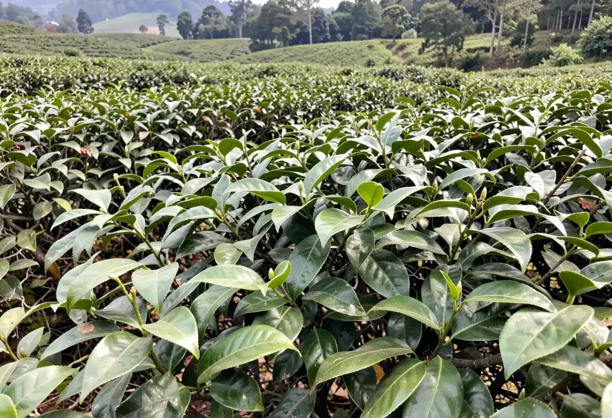 Camellia sinensis plant leaves growing in tea plantation