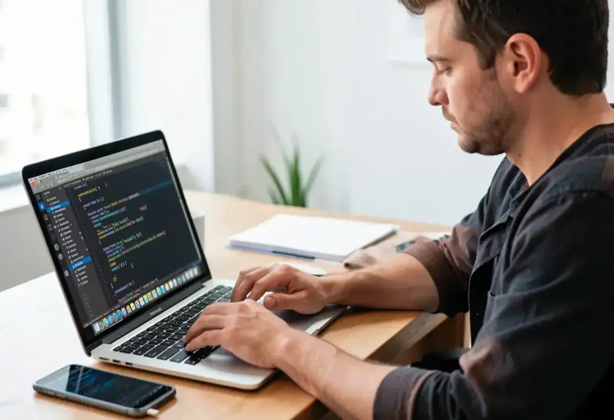 Developer working at a desk with laptop and smartphone while writing code