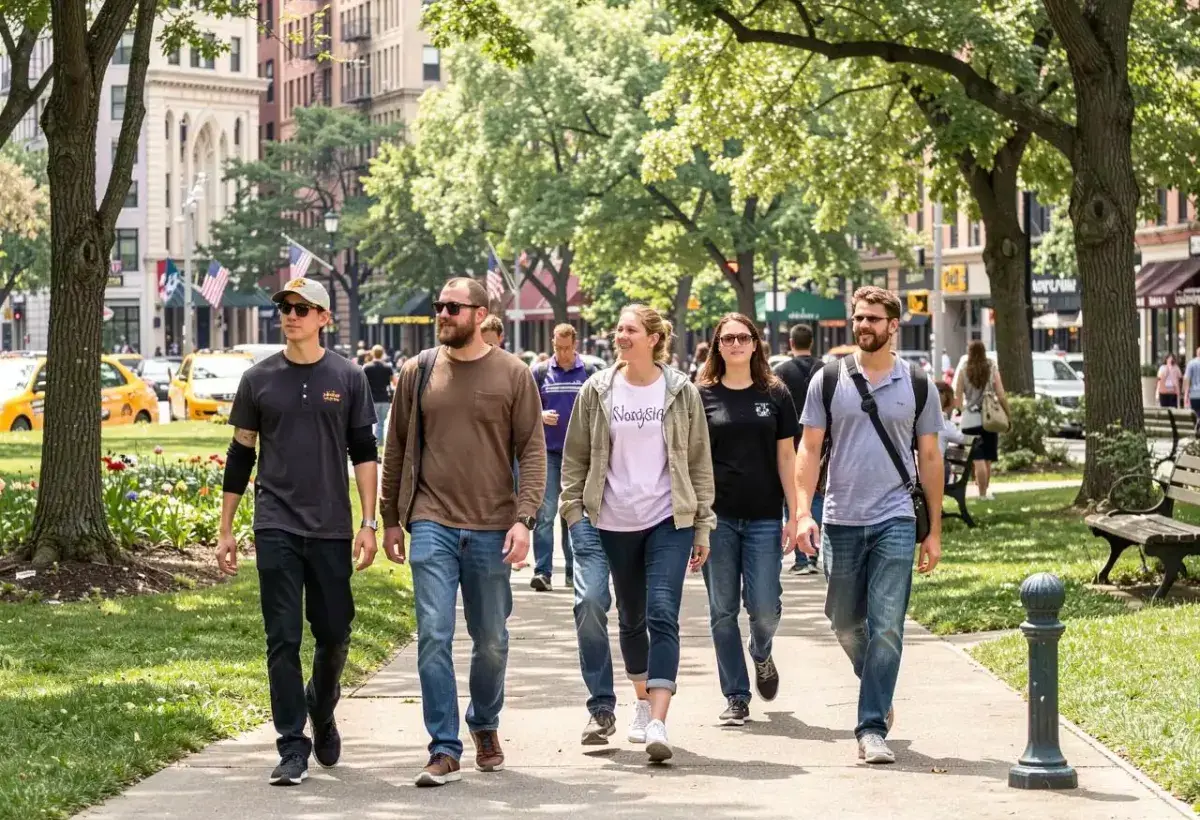 Americans in casual clothing walking outdoors