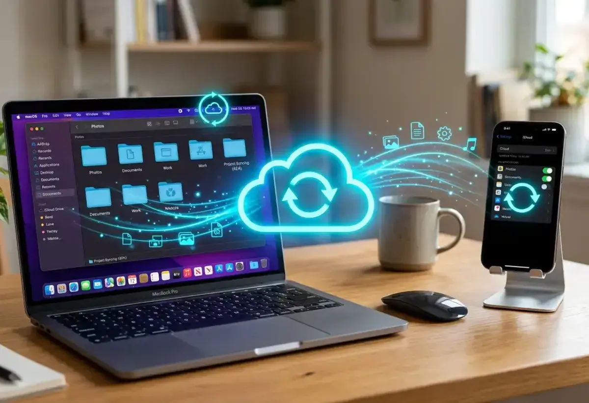 Laptop and smartphone connected through cloud synchronization icons