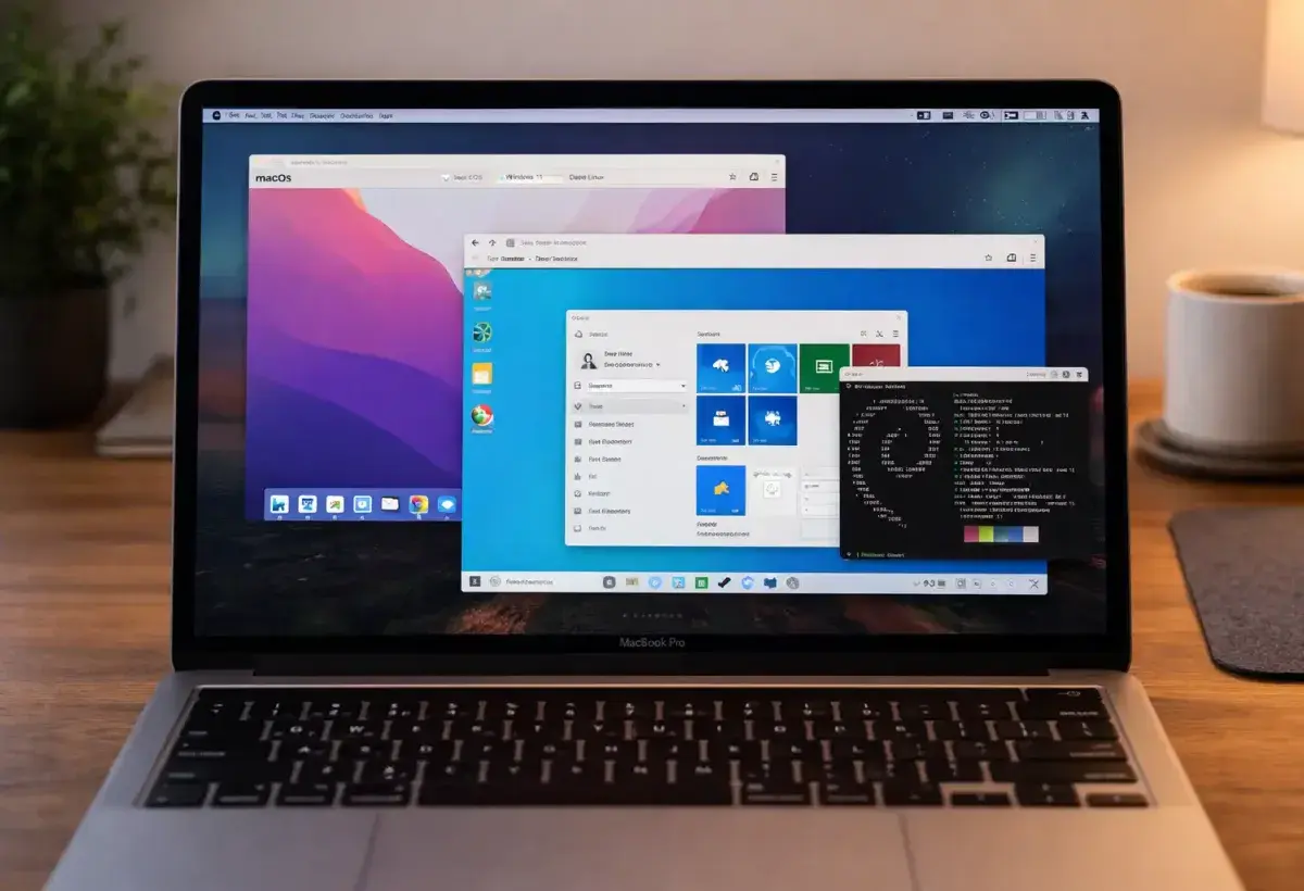 Laptop screen displaying multiple operating systems running inside virtualization software