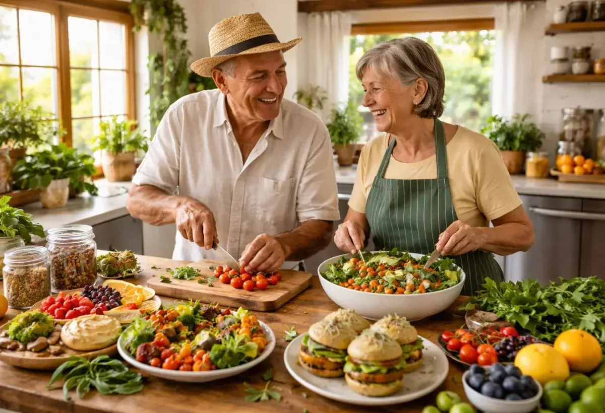 senior couple preparing foods