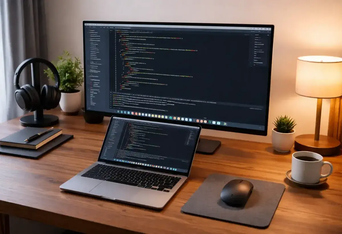 MacBook development workspace with external monitor and code editor open