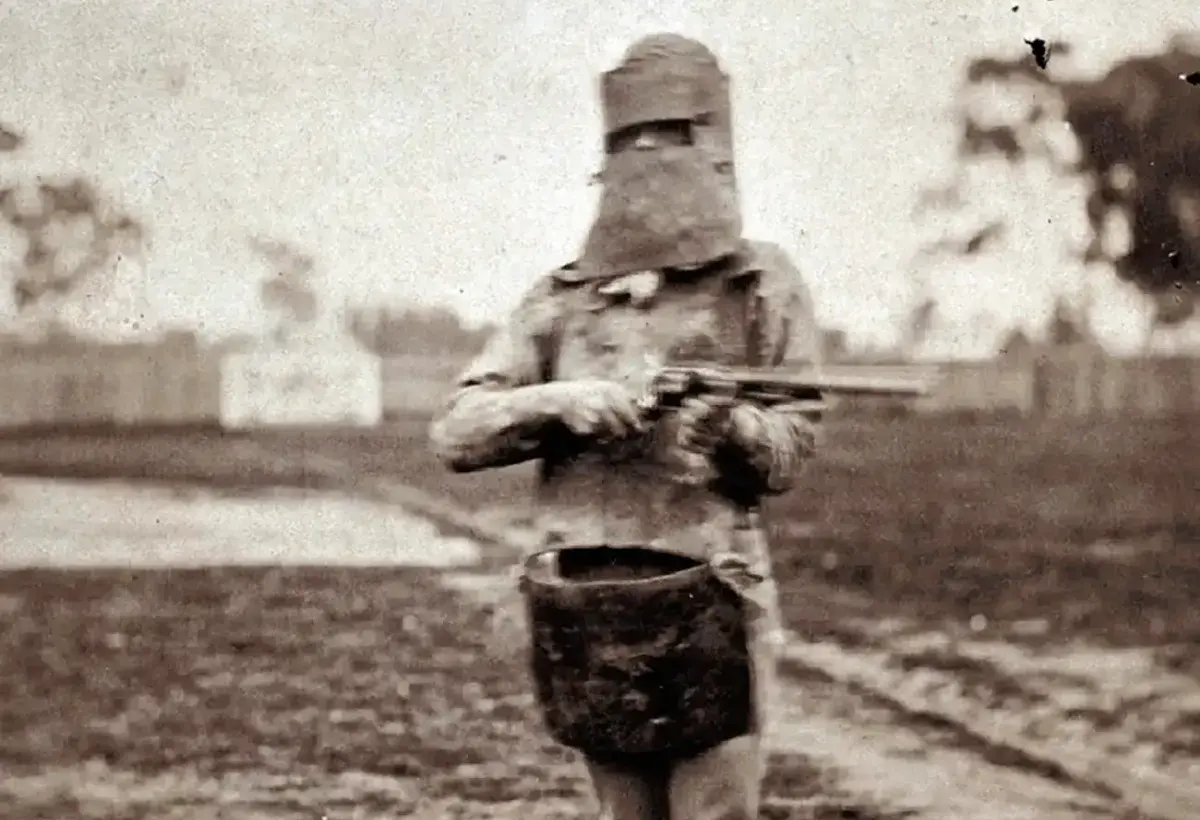 Ned Kelly wearing homemade metal armor during his final confrontation